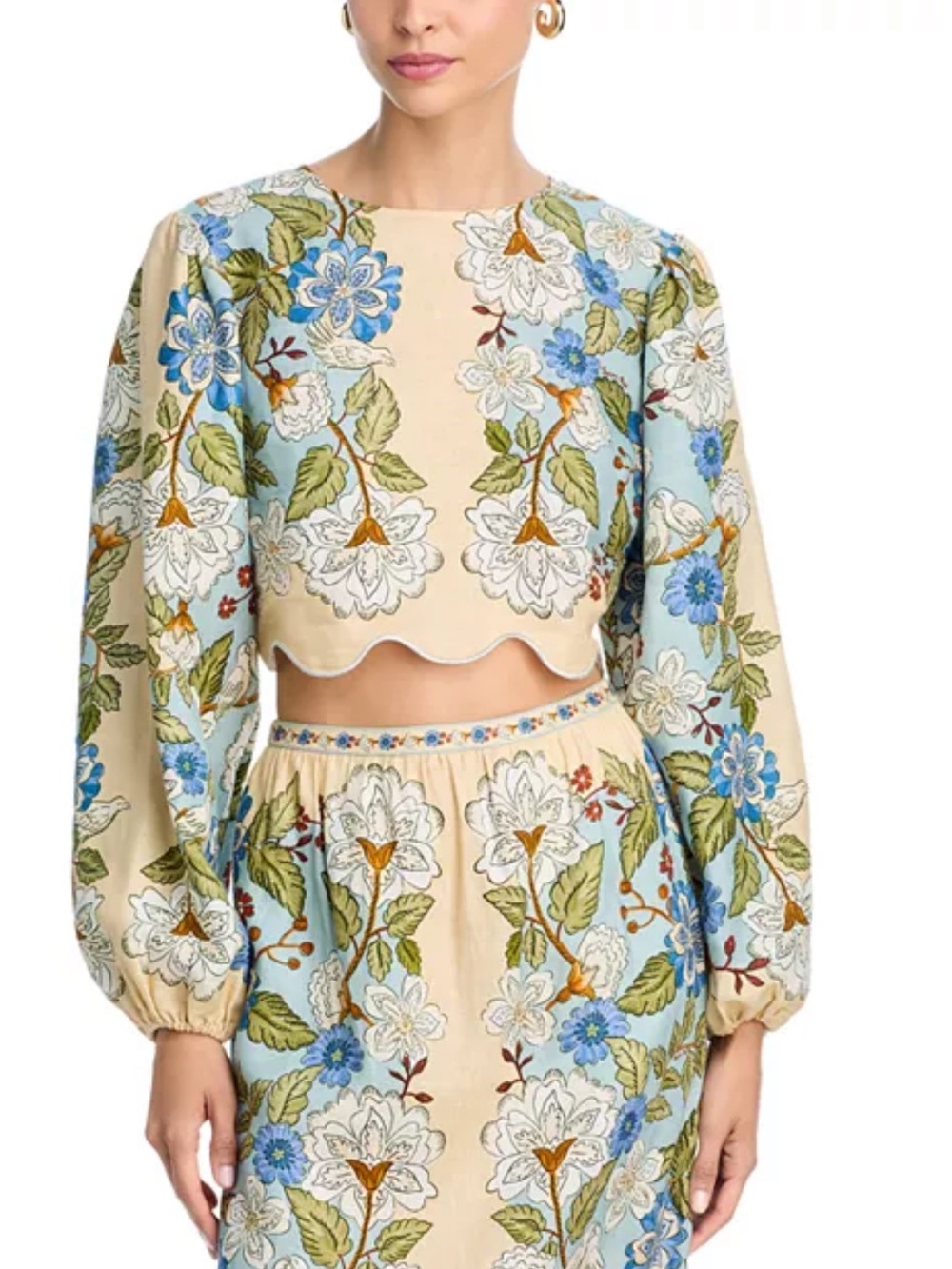 FARM Rio Floral Print Linen Scallop Hem Long Sleeve Crop Top Size MEDIUM NWT